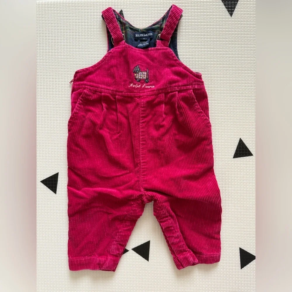 Vintage Ralph Lauren|Baby girl corduroy overalls in vibrant pink w preppy dog•••